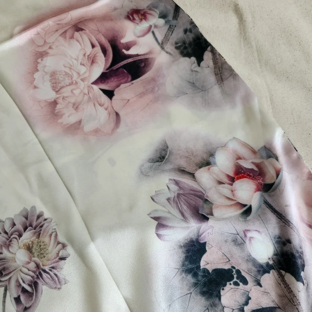 100% Silk Reversible Scarf Pink Floral Lotus Black White Village Landscape 66x18